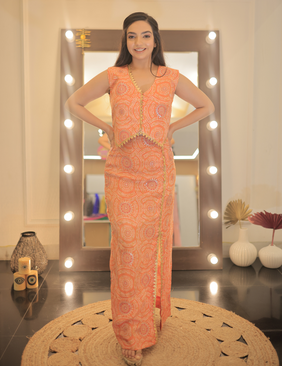 Orange Bandhni Skirt Co Ord Set