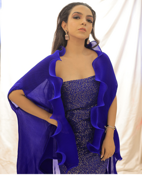 Electric Blue sequin dress with our Statement pleated Cape