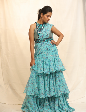 Once n Floral Blue Tiered Sari Set