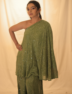 Olive Green sequin one shoulder pant set