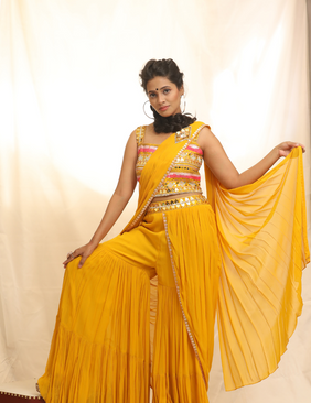 Summer Sorbet Yellow Hand Embroidered Prestitched Gharara Sari Set.