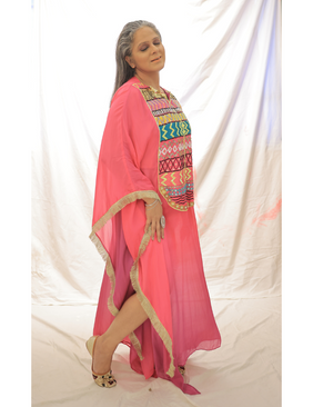 Hot Pink Ombre Aztec Hand Embellished Kaftan