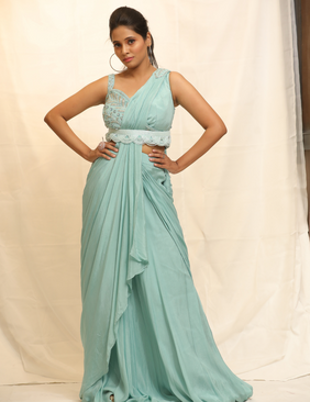 Ice Spice Blue Draped Sari set