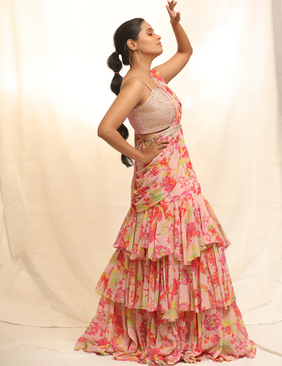 Flower Power Rose Pink Tiered Sari Set