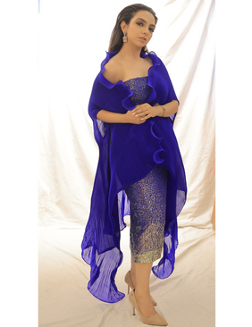 Electric Blue sequin dress with our Statement pleated Cape